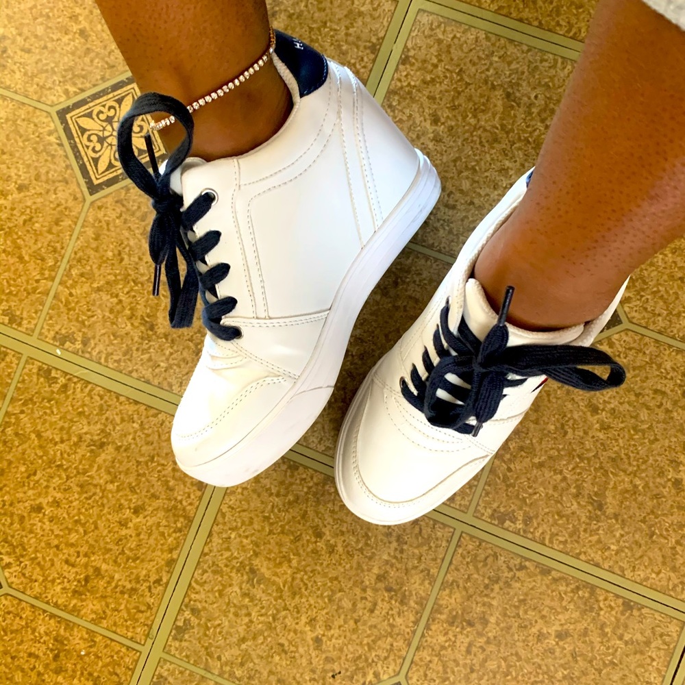 Tommy Hilfiger White Wedge Sneakers with Navy Laces